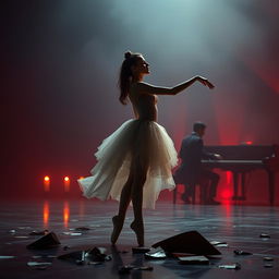 In the crimson light of a fading day, ballerina Lilith is displayed at a harsh auction, lost in the web of fate