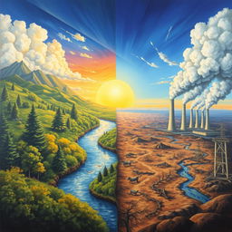 A thought-provoking painting depicting the concept of climate change versus energy conservation