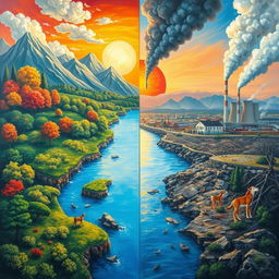 A thought-provoking painting depicting the concept of climate change versus energy conservation