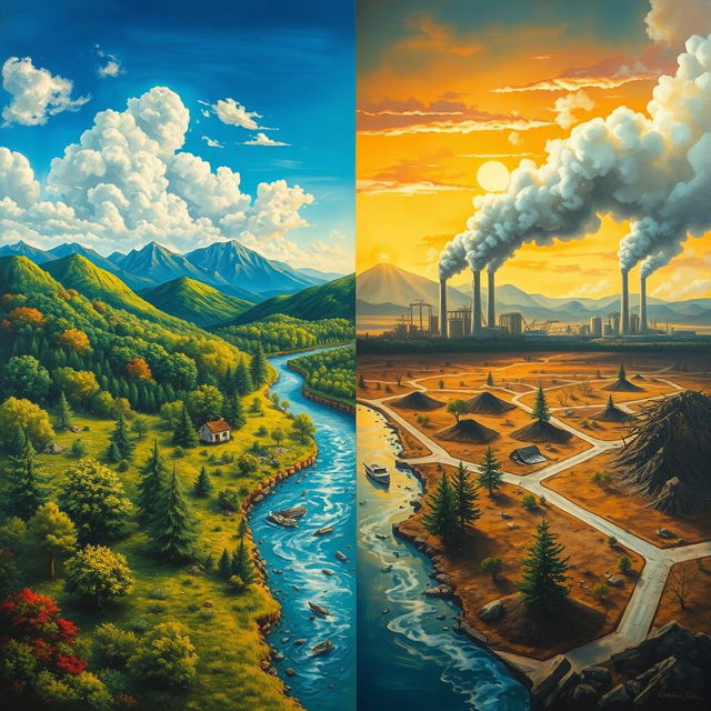 A thought-provoking painting depicting the concept of climate change versus energy conservation