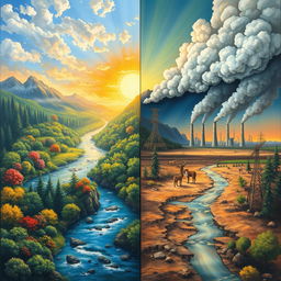 A thought-provoking painting depicting the concept of climate change versus energy conservation