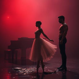 In the crimson light of a fading day, ballerina Lilith is displayed at a harsh auction, lost in the labyrinths of fate