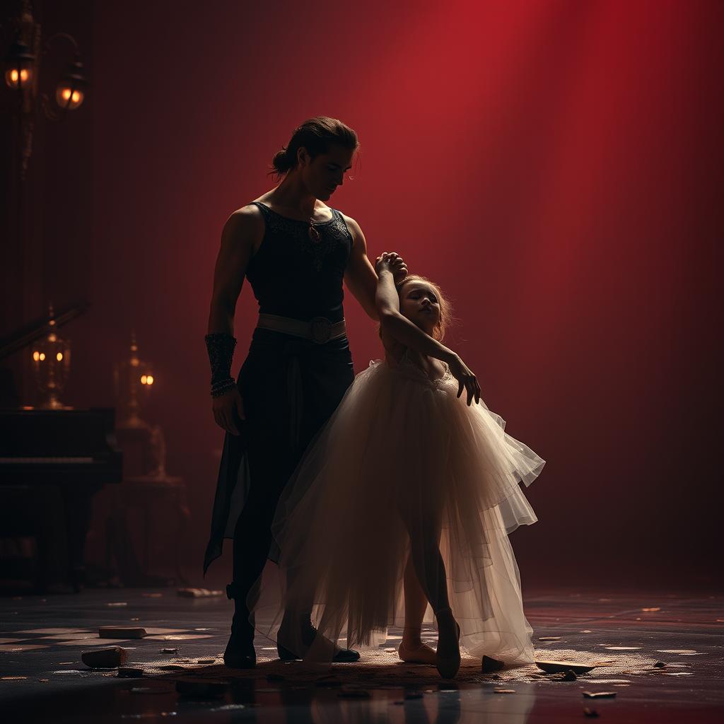 In the crimson light of a fading day, ballerina Lilith is displayed at a harsh auction, lost in the labyrinths of fate