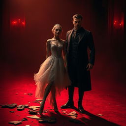 In the crimson light of a fading day, ballerina Lilith is displayed at a harsh auction, lost in the labyrinths of fate