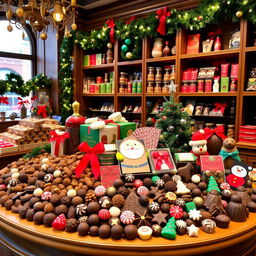 A beautifully arranged display showcasing a festive Christmas collection of gourmet chocolates in an elegant chocolate shop, decorated with holiday lights and ornaments