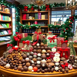 A beautifully arranged display showcasing a festive Christmas collection of gourmet chocolates in an elegant chocolate shop, decorated with holiday lights and ornaments