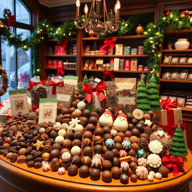 A beautifully arranged display showcasing a festive Christmas collection of gourmet chocolates in an elegant chocolate shop, decorated with holiday lights and ornaments