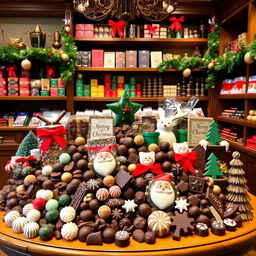 A beautifully arranged display showcasing a festive Christmas collection of gourmet chocolates in an elegant chocolate shop, decorated with holiday lights and ornaments