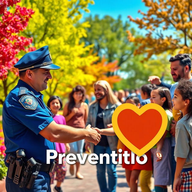 A vibrant community scene featuring a friendly police officer interacting positively with diverse community members