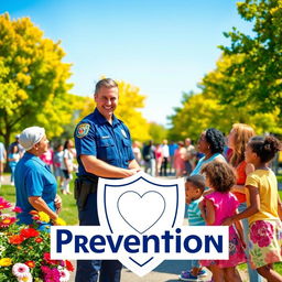 A vibrant community scene featuring a friendly police officer interacting positively with diverse community members
