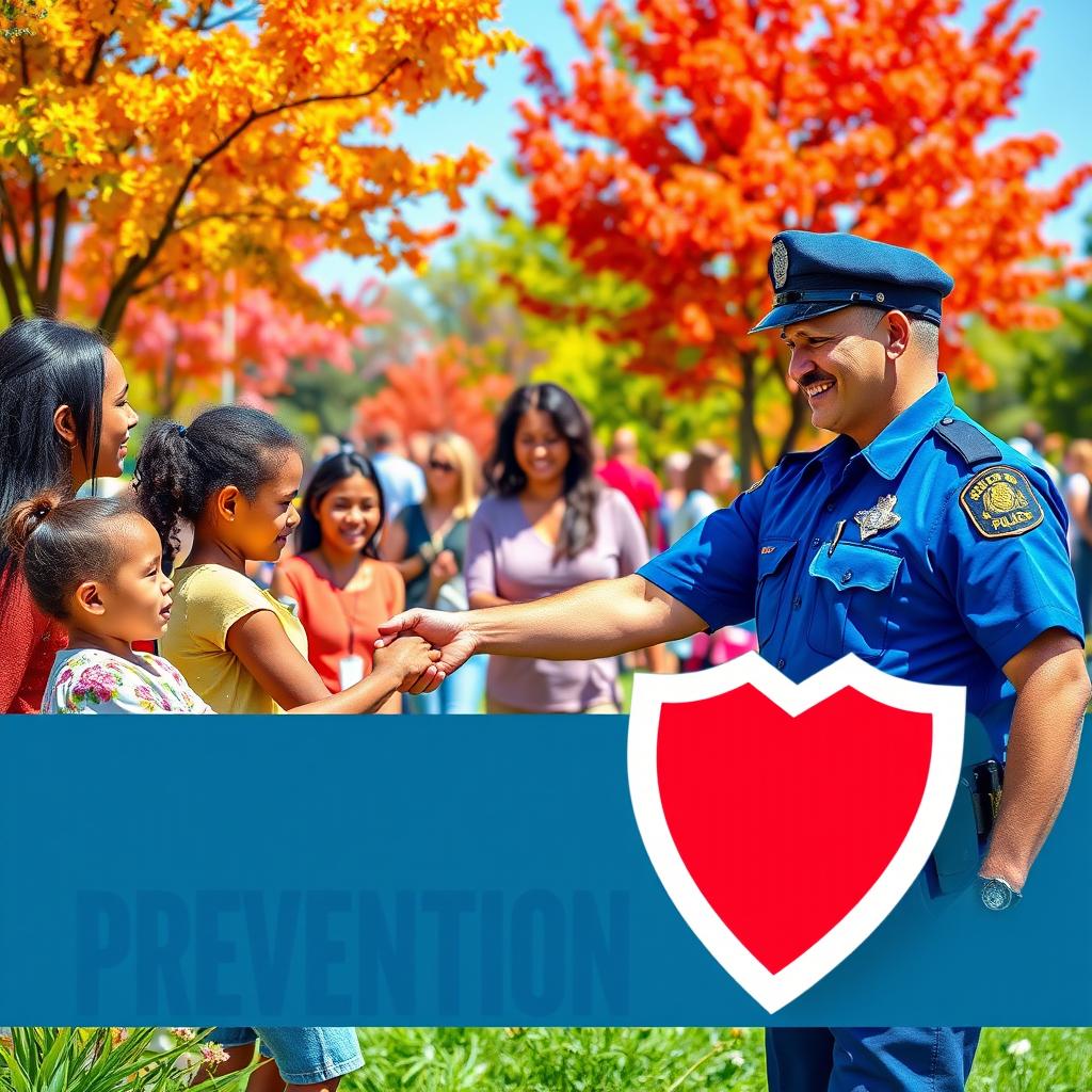 A vibrant community scene featuring a friendly police officer interacting positively with diverse community members