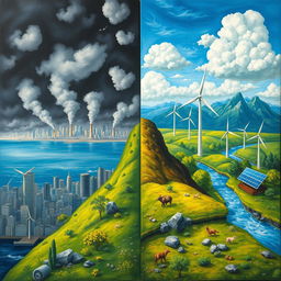 A thoughtful painting depicting the contrast between climate change and energy conservation
