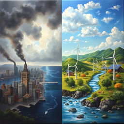 A thoughtful painting depicting the contrast between climate change and energy conservation