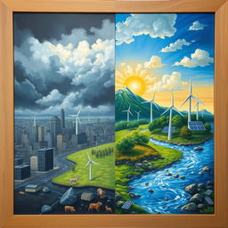 A thoughtful painting depicting the contrast between climate change and energy conservation
