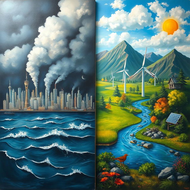 A thoughtful painting depicting the contrast between climate change and energy conservation