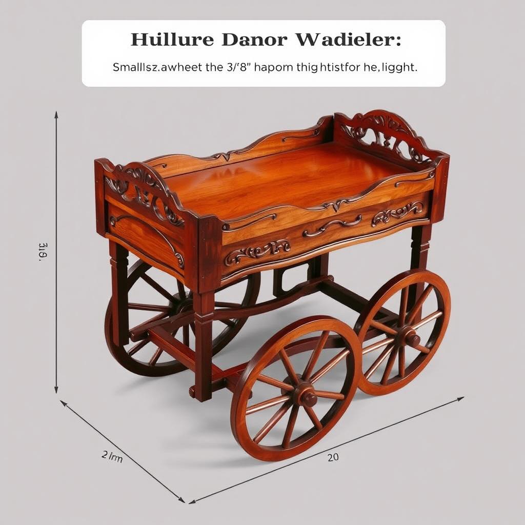 A small wooden dinner wagon, measuring approximately 3 feet in length, 8 feet in height, and 20 inches in width