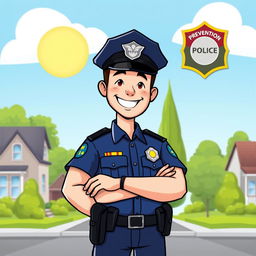 An engaging illustration of a police officer standing confidently with a warm smile, wearing a traditional blue police uniform and a cap