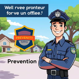 An engaging illustration of a police officer standing confidently with a warm smile, wearing a traditional blue police uniform and a cap