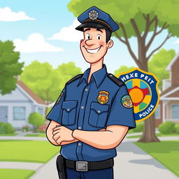 An engaging illustration of a police officer standing confidently with a warm smile, wearing a traditional blue police uniform and a cap
