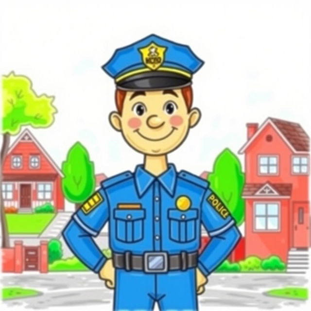 A colorful drawing of a police officer standing proudly with a friendly demeanor, wearing a traditional police uniform and hat