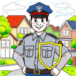 A colorful drawing of a police officer standing proudly with a friendly demeanor, wearing a traditional police uniform and hat