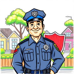 A colorful drawing of a police officer standing proudly with a friendly demeanor, wearing a traditional police uniform and hat