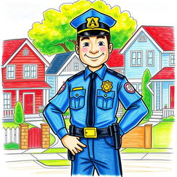 A colorful drawing of a police officer standing proudly with a friendly demeanor, wearing a traditional police uniform and hat