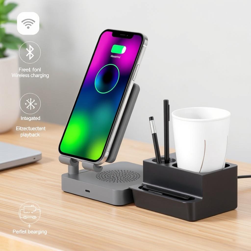 A multifunctional phone stand designed for convenience, featuring wireless charging capability for smartphones