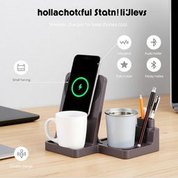 A multifunctional phone stand designed for convenience, featuring wireless charging capability for smartphones