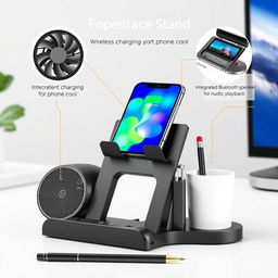 A multifunctional phone stand designed for convenience, featuring wireless charging capability for smartphones