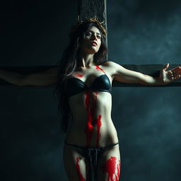 Georgina Rodriguez styled in a dramatic and symbolic image, wearing a black bikini while being portrayed in a crucifixion pose