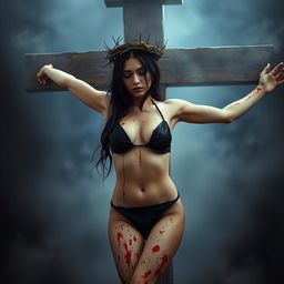 Georgina Rodriguez styled in a dramatic and symbolic image, wearing a black bikini while being portrayed in a crucifixion pose