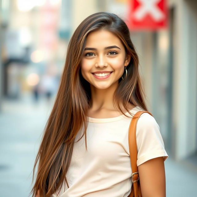 A beautiful 18-year-old brunette girl with long hair, viewed from head to toe, standing confidently