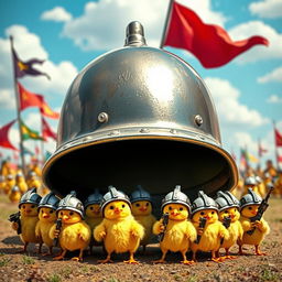 A whimsical scene featuring a large, shiny helmet placed on the ground, underneath which a troop of strong little chicks dressed in cute soldier outfits are gathered