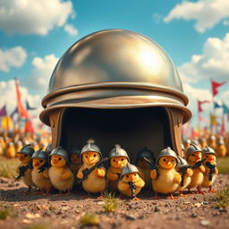 A whimsical scene featuring a large, shiny helmet placed on the ground, underneath which a troop of strong little chicks dressed in cute soldier outfits are gathered