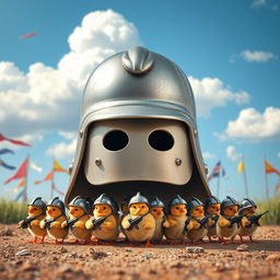 A whimsical scene featuring a large, shiny helmet placed on the ground, underneath which a troop of strong little chicks dressed in cute soldier outfits are gathered