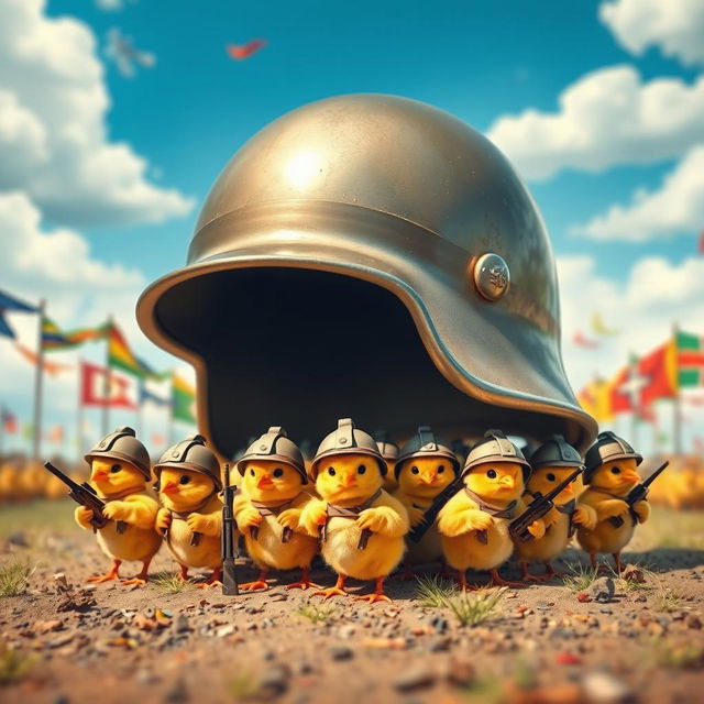 A whimsical scene featuring a large, shiny helmet placed on the ground, underneath which a troop of strong little chicks dressed in cute soldier outfits are gathered