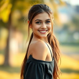 A beautiful 18-year-old brunette girl with long hair tied back, viewed from head to toe, standing confidently