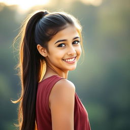 A beautiful 18-year-old brunette girl with long hair tied back, viewed from head to toe, standing confidently