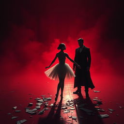 In the deep crimson light of a fading day, ballerina Lilith, lost in the labyrinths of fate, is displayed at a brutal auction