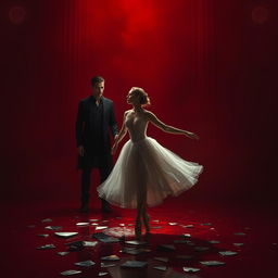 In the deep crimson light of a fading day, ballerina Lilith, lost in the labyrinths of fate, is displayed at a brutal auction