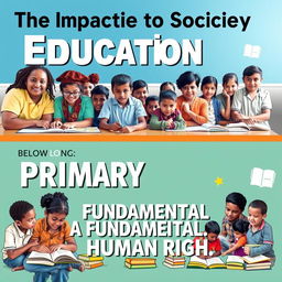 A visually engaging and informative poster focused on education, prominently featuring a diverse group of people including children and adults in an academic setting