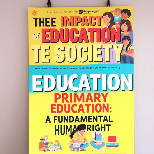 A visually engaging and informative poster focused on education, prominently featuring a diverse group of people including children and adults in an academic setting