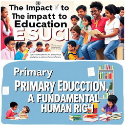 A visually engaging and informative poster focused on education, prominently featuring a diverse group of people including children and adults in an academic setting