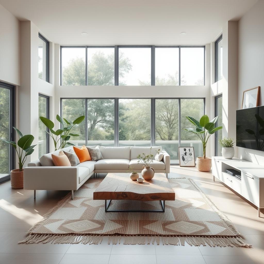 An elegant and modern interior design featuring a spacious living room with large windows that allow natural light to flood in