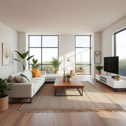 An elegant and modern interior design featuring a spacious living room with large windows that allow natural light to flood in
