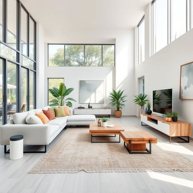 An elegant and modern interior design featuring a spacious living room with large windows that allow natural light to flood in