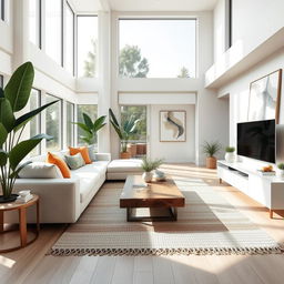An elegant and modern interior design featuring a spacious living room with large windows that allow natural light to flood in