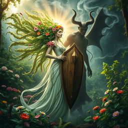 A majestic, ethereal representation of Mother Nature with flowing hair made of leaves and flowers, standing tall and strong while enveloped in a radiant light
