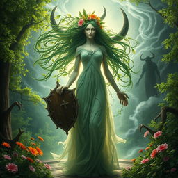A majestic, ethereal representation of Mother Nature with flowing hair made of leaves and flowers, standing tall and strong while enveloped in a radiant light